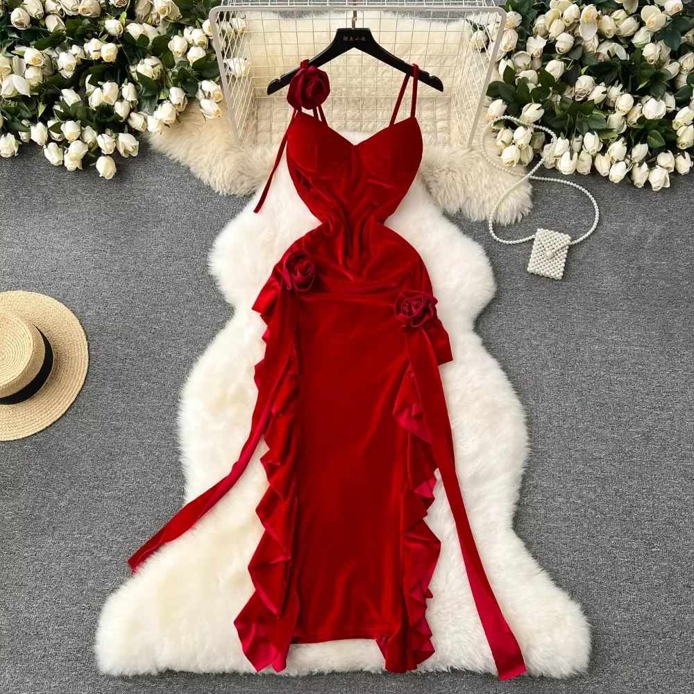 Chic Three-dimensional Flower Velvet Slip Dress French Sexy Elegant Party Luxury Robe Women Vintage Slim split dresses