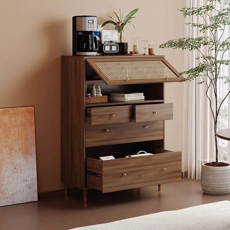 

Rattan side cabinet Wabi Sa antique solid wood chest cabinet household kitchen cupboard living room wall tea cabinet locker