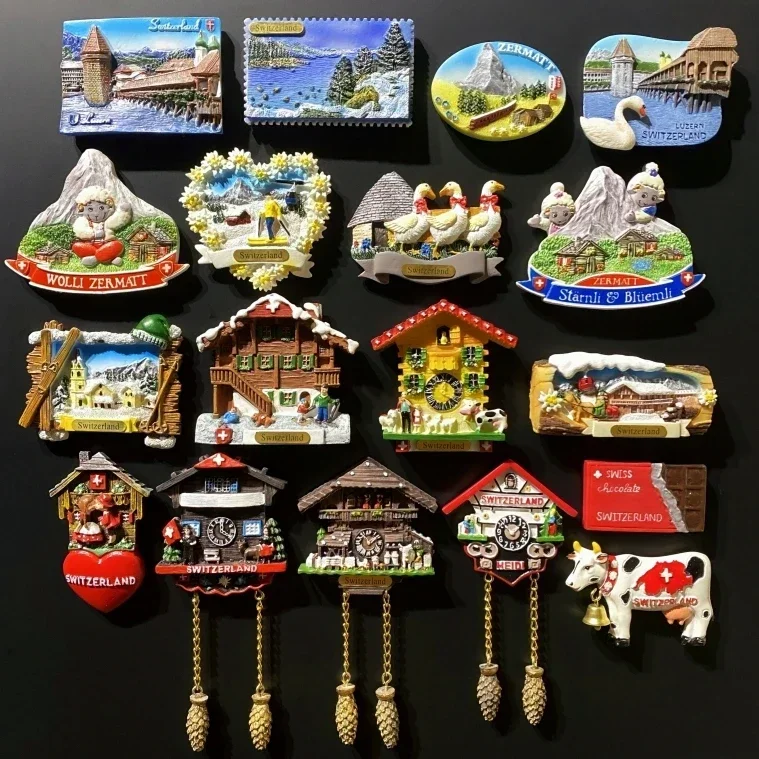 Fridge Magnets Switzerland Ski Scenery Cuckoo Clock Zermatt Diemtigtal BergeLake Luzern Jungfraujoc Residence Swiss Dairy Cattle