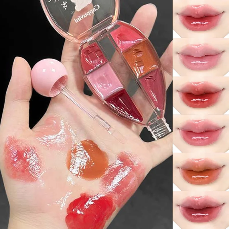 6 Color Mirror Lip Gloss Palette Moisturizing Jelly Lip Glaze Long Lasting Non-Sticky Water Light Lip Tint Cute Korean Makeup