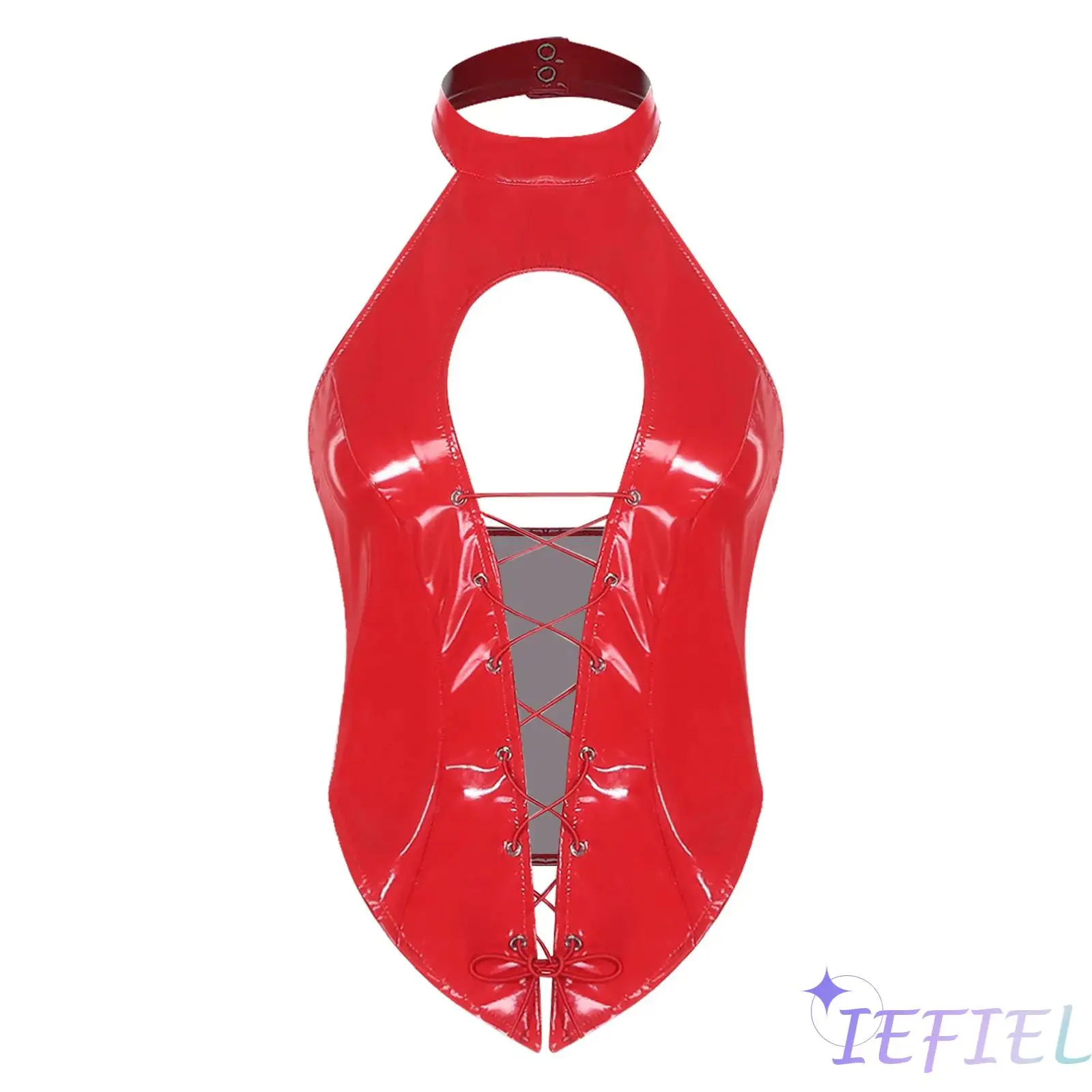 

Womens Club Pole Dance Costume Edgy Punk Gothic Glossy PU Cropped Top Halter Front Hollow-out Sleeveless Bodycon Tank Top