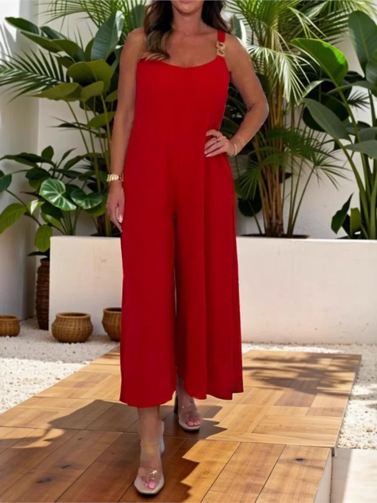 

Summer Urban Style Comfortable Casual Jumpsuit Women's Simple Commuting Solid Color Gold Chain Shoulder Strap Jumpsuit Trousers