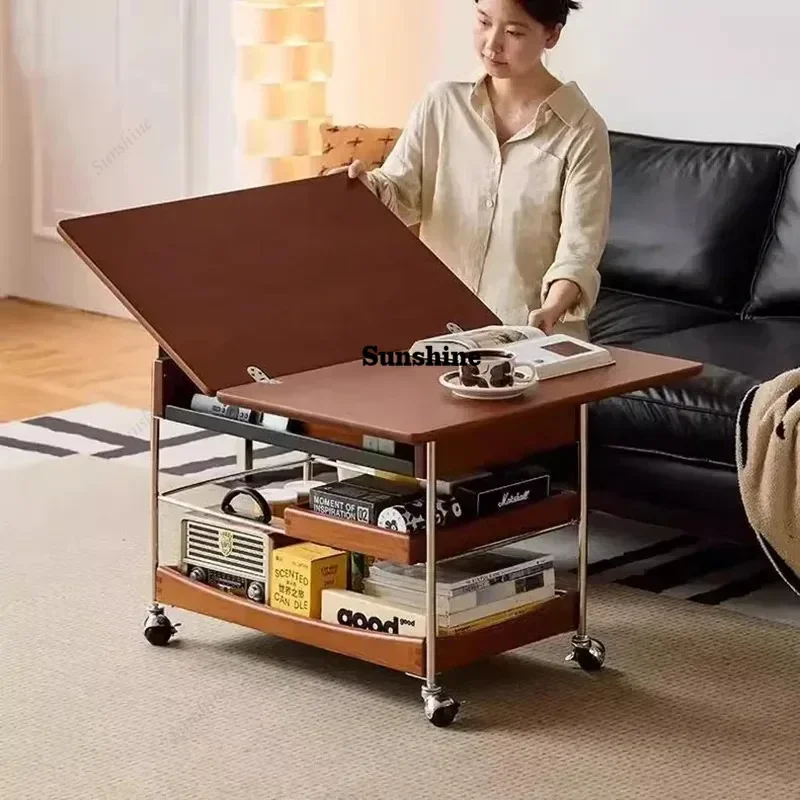 

Wood Moving Coffee Table Luxury Designer Nordic Standing Space Saving Side Table Chinese Style Mesa Auxiliar Salon Furniture