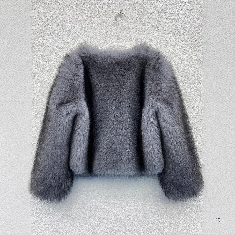 Giacca in pelliccia sintetica con scollo a V Giacca in pelliccia corta grigia con volpe sintetica graduale allentata Soffici cappotti invernali in peluche da donna di lusso caldi e spessi casual