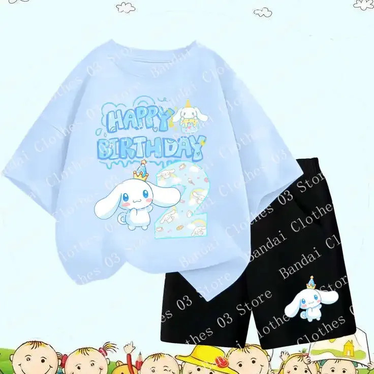 Boy Girl Summer Sanrio Cinnamoroll Birthday Digit 1-12 Design Print Kids O-neck Short Sleeve and Shorts Children's Two-piece Set