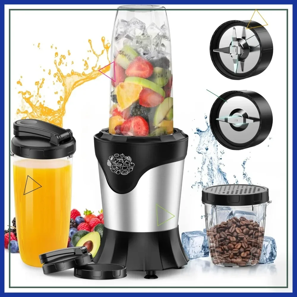 

Портативный блендер мощностью 1100 Вт с 2 дорожными чашками и измельчителем, идеально подходит для смузи, коктейлей и кофе