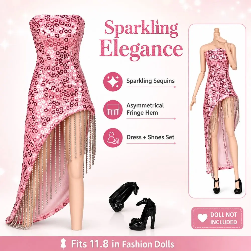 Fabric Fashion Doll Dress Sequined Asymmetrical Hem Doll Evening Gown High Heel Shoes Fringe Detail Doll Clothing Set Role Play