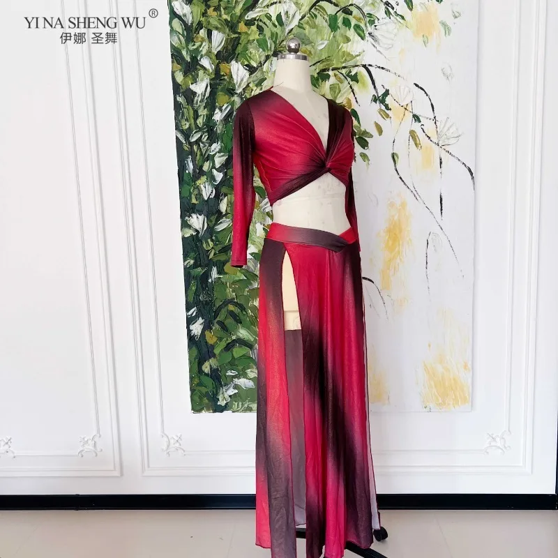 Feminino novo oriental dança do ventre desempenho traje de cintura alta dupla fenda saia longa prática terno dancewear roupas