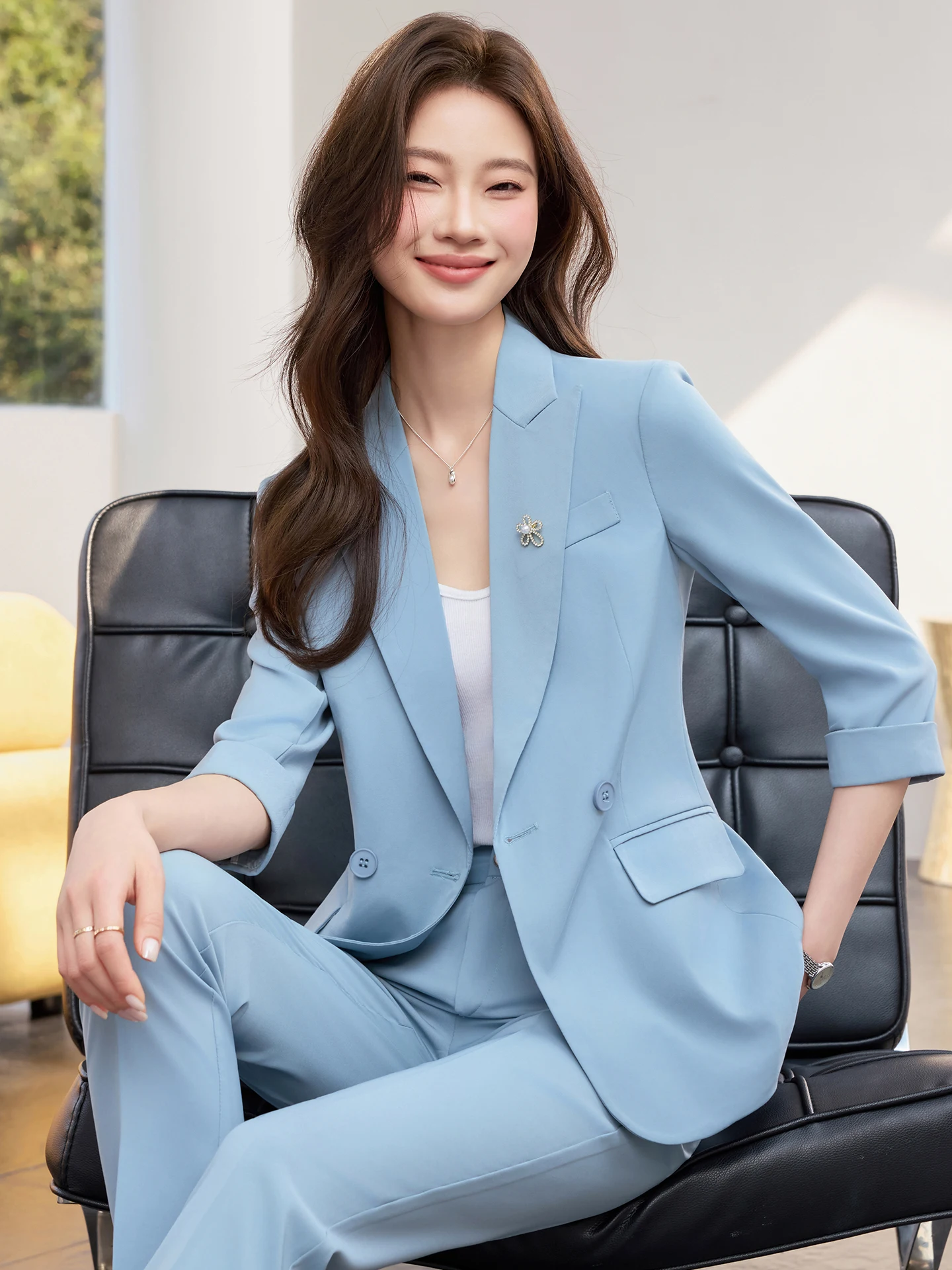 Light Blue Seven-Quarter Sleeve Women's  Casual Thin Workwear Spring Fashionable Polyester Fiber Double-breasted Suit J...