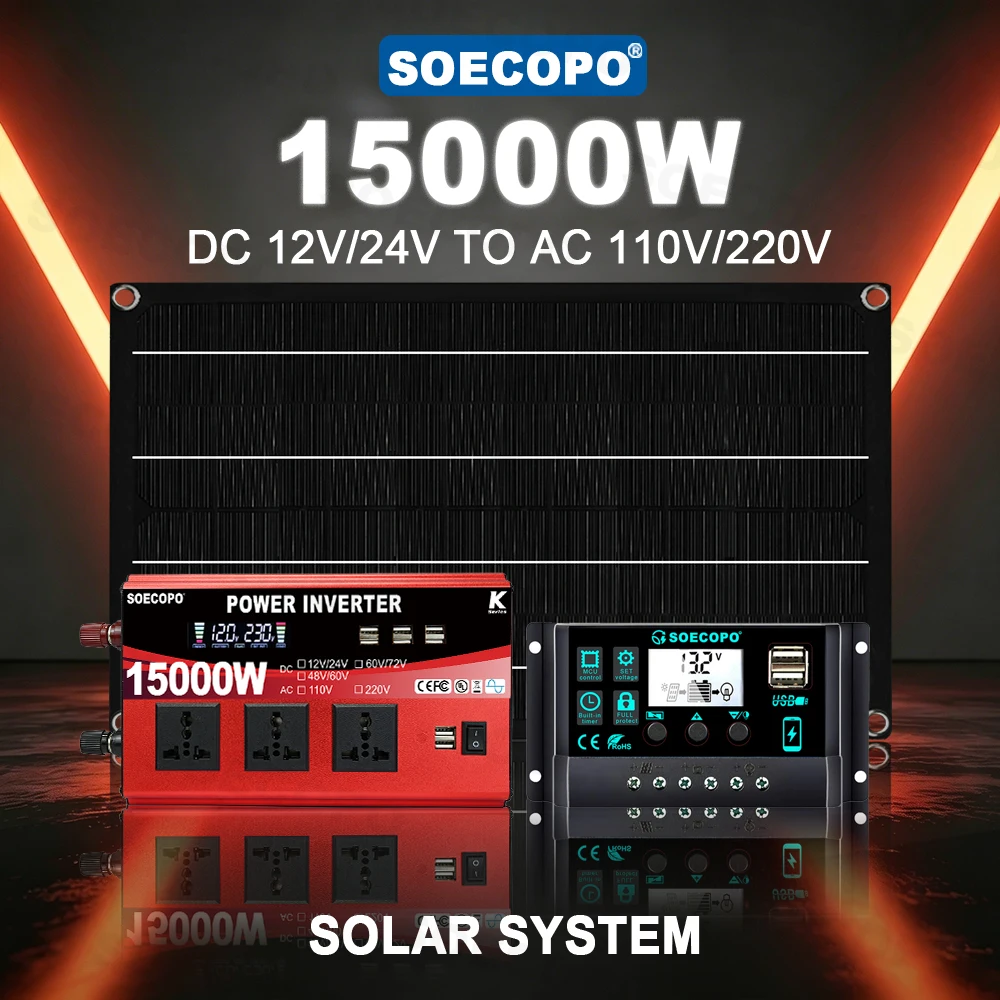 Intelligent 15000W Peak Solar System Kit 800W Panel 100A Controller 12V/24V To 110V 220V Inverter Generator 8USB Ports for farm