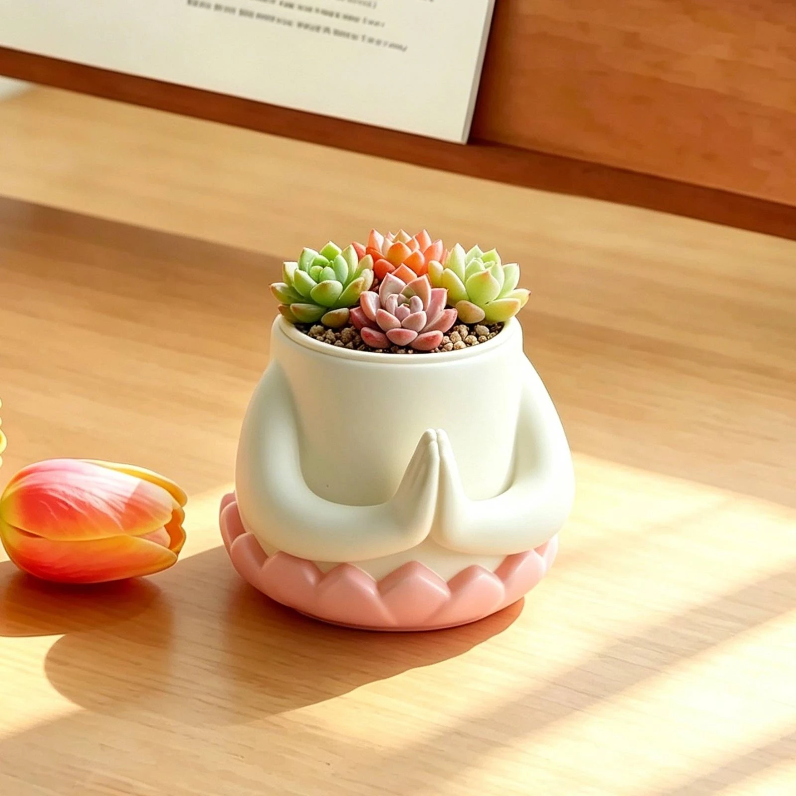 Lotus Planter Tabletop Planter with Hands Water Lily Pot White Flowerpot Elegant for Windowsill, Desk
