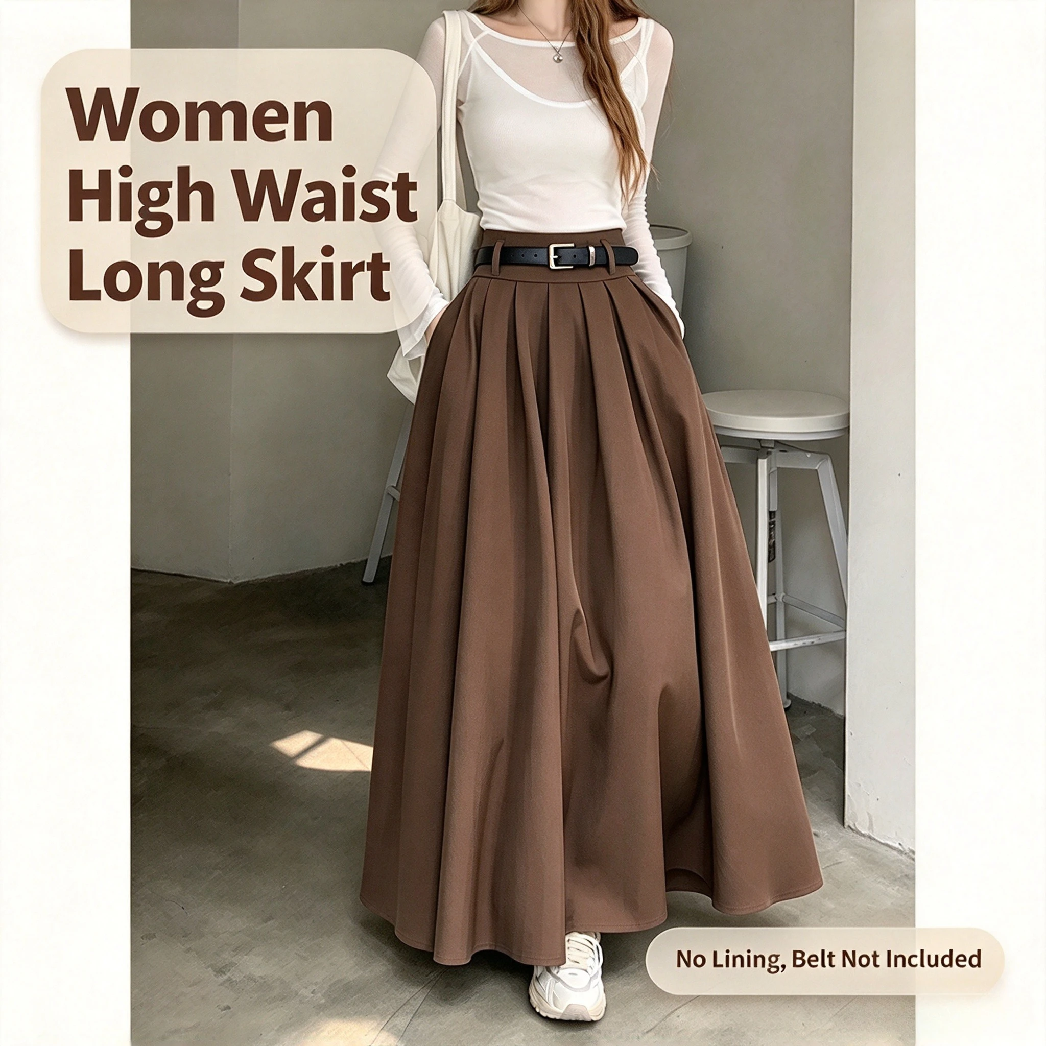Women High Waist Belted Pleated Swing Long Skirt Vintage Korean Fashion Solid Loose A‑Line Skirt for Spring Office Holiday Wear