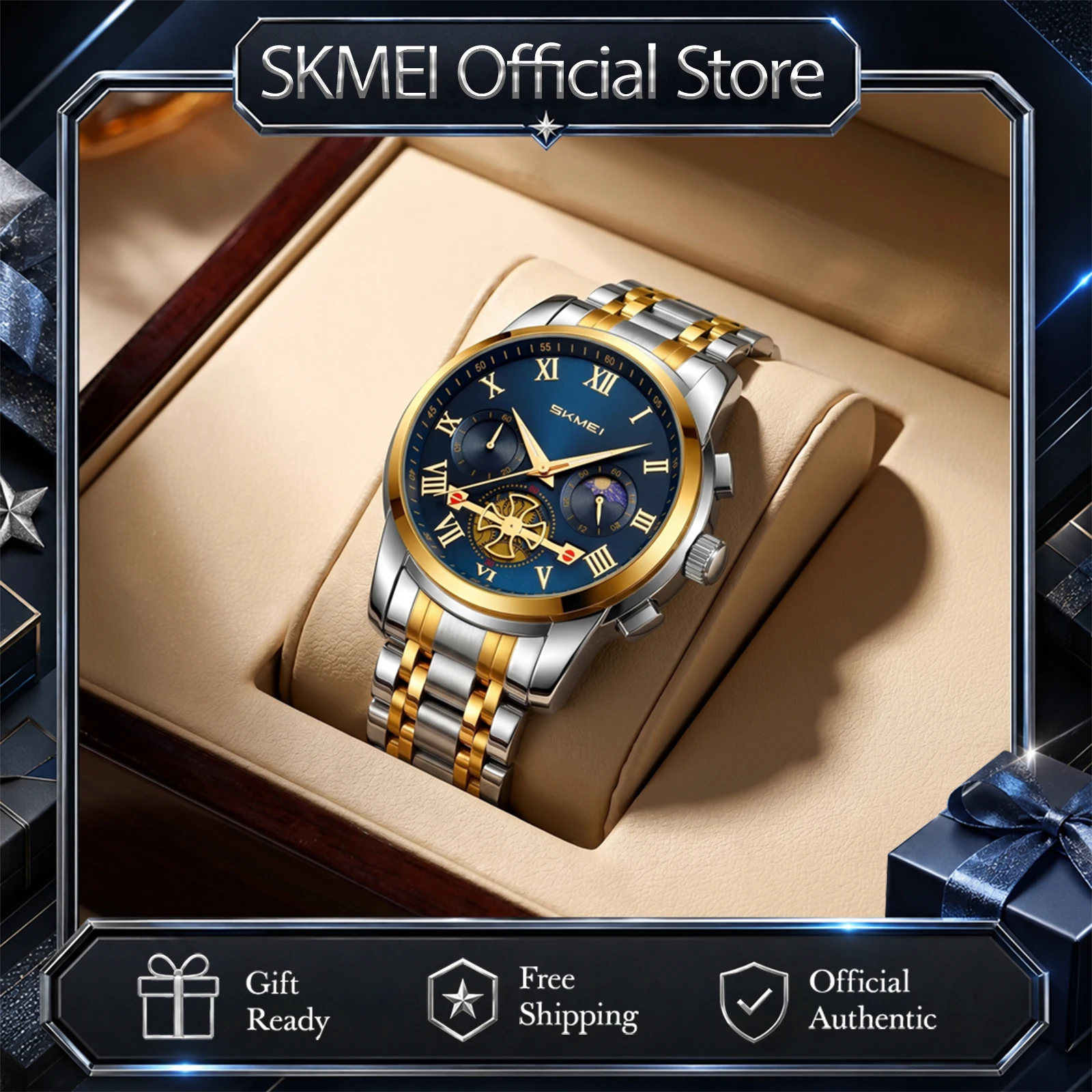 SKMEI 9394 Men’s Quartz Watches 30M Waterproof Men Fashion Wristwatch Business Sun Moon Sub-dial Watch Stopwatch Office Casual