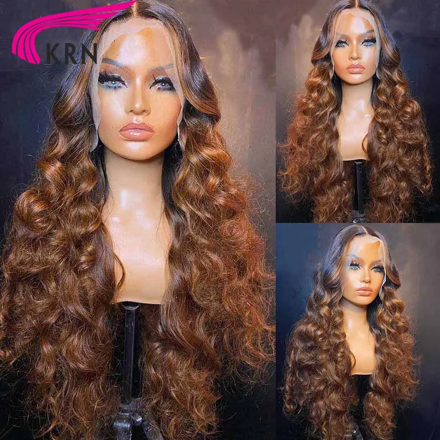 KRN 250 Density Highlight Brown Color 13x6 Lace Wigs with Middle Part Brazilian Hair 13x4 Tranparent Lace Front Wig for Women