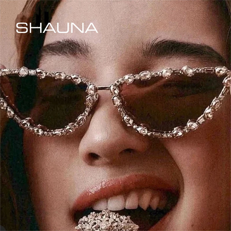 SHAUNA Luxury Crystal Women Cat Eye Sunglasses Trending Men Metal Frame Sun Glasses Gradient Mirror Shades UV400