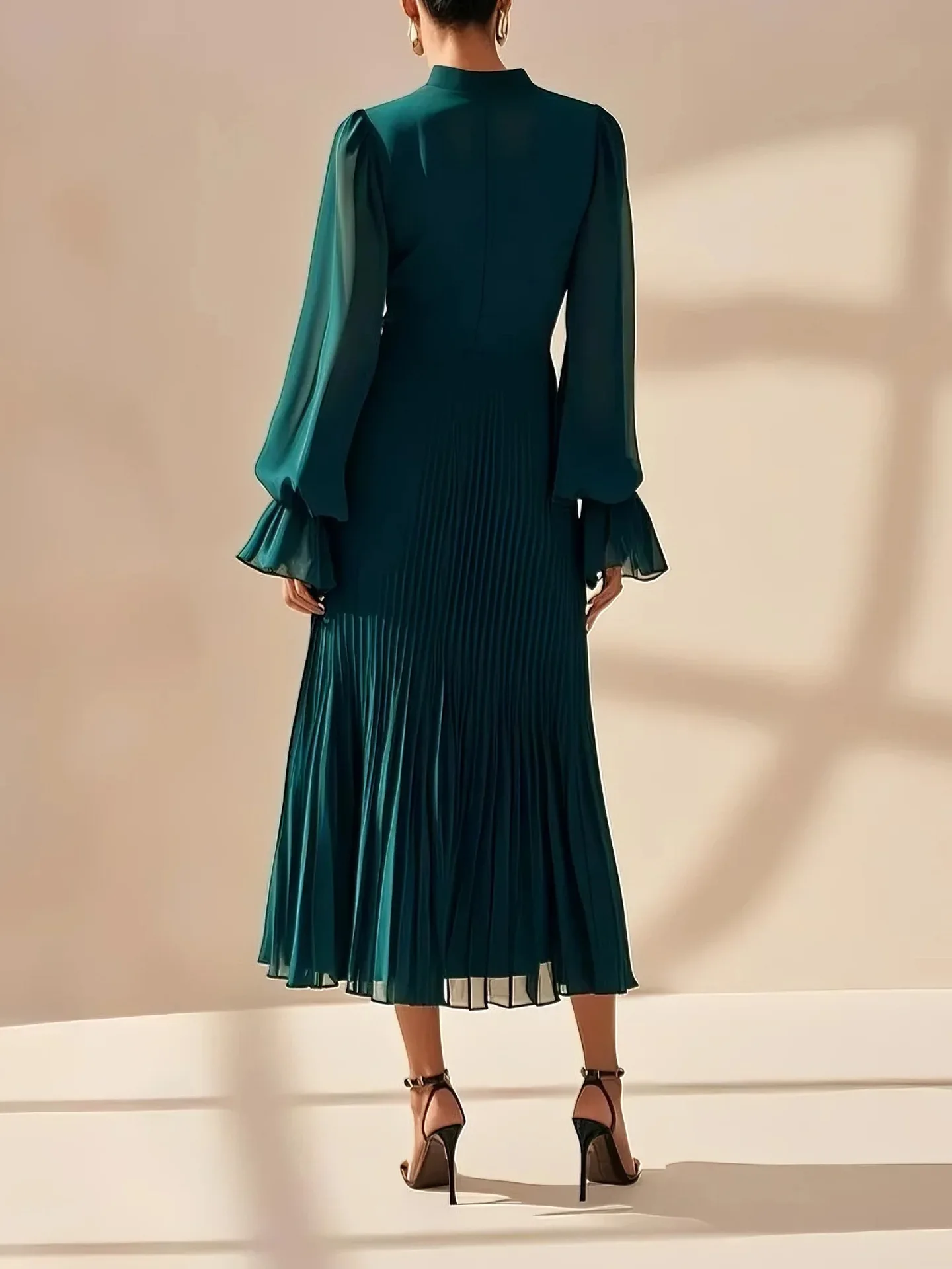 LGRQ 2026 Summer New Solid Color High Waist Dress With Ruffled Hem And Pleats Mid-Length Party Evening Gown