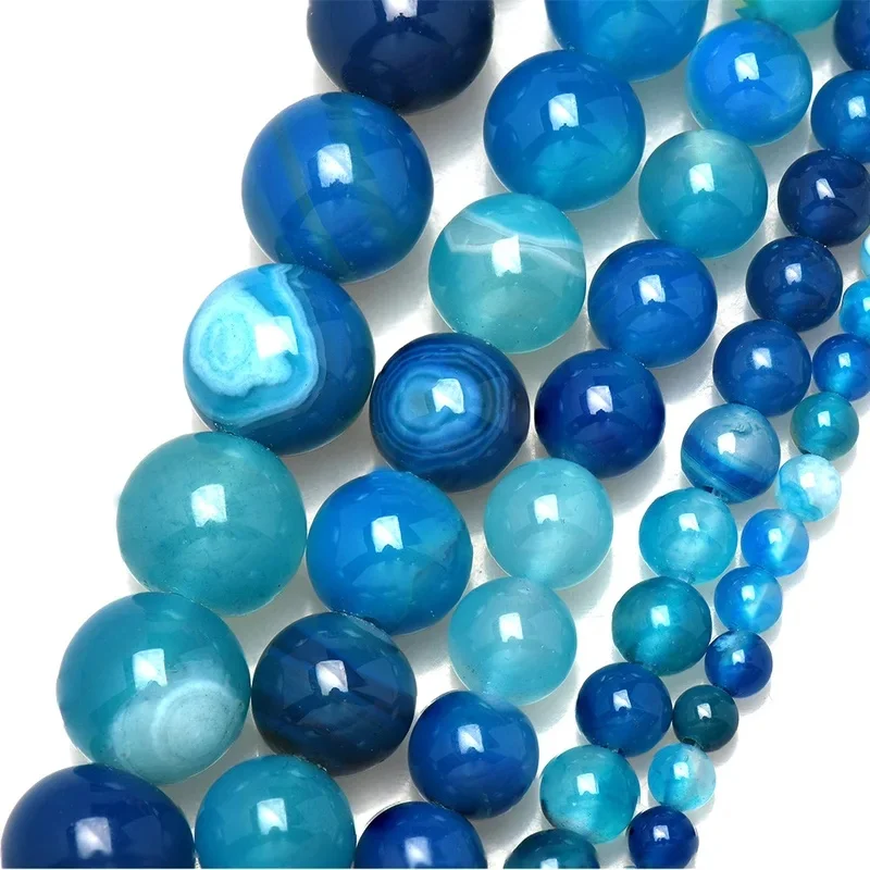 Contas redondas soltas de ágata azul natural com padrão listrado, disponíveis em tamanhos 4, 6, 8, 10 e 12 mm, ideais para a criação de joias.