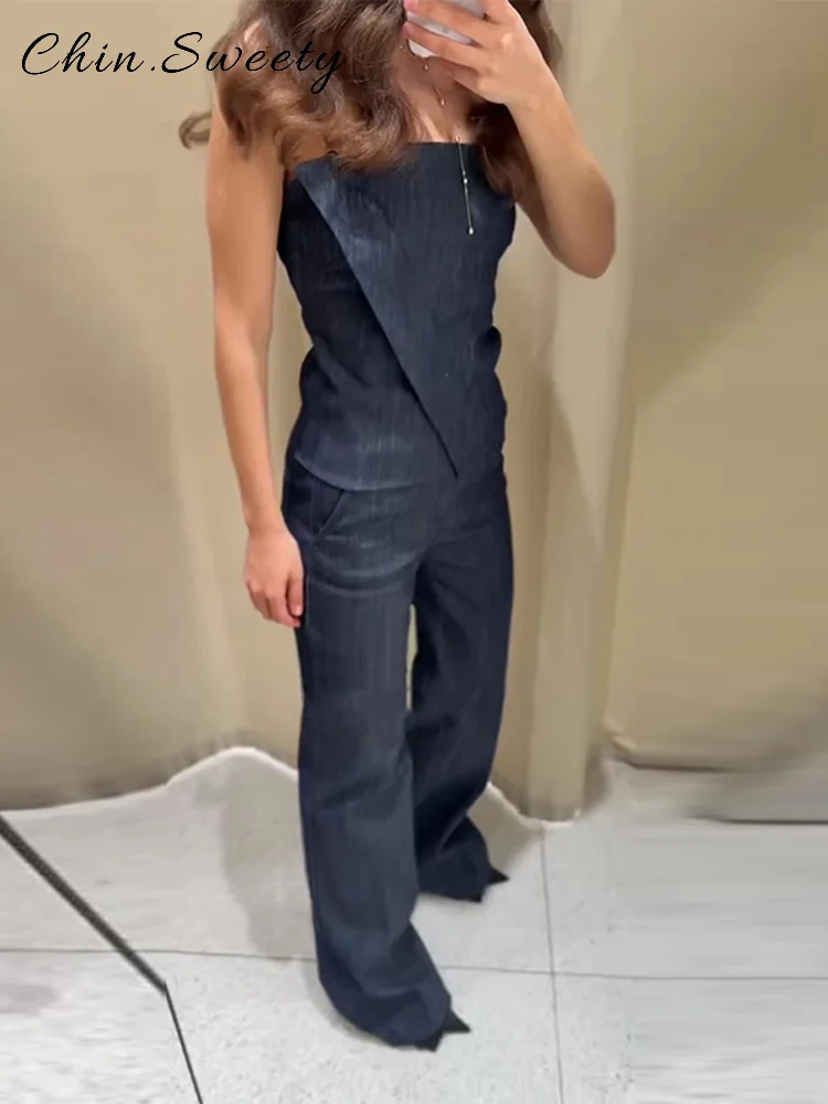 

Elegant Denim Vest Trouser Set Women Strapless Sleeveless Zipper Tops High Waist Wide Leg Jean Female 2025 Summer Lady Chic Suit