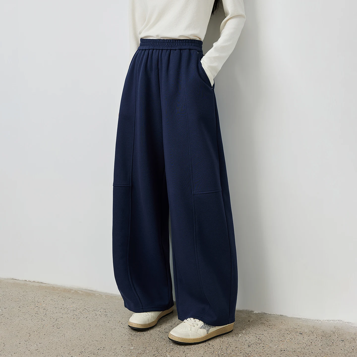 TOYOUTH Women's Navy Blue Full Length Wide Leg Pants 2026 Fall New Elastic Waist Slimming Tummy Control Seam Detail