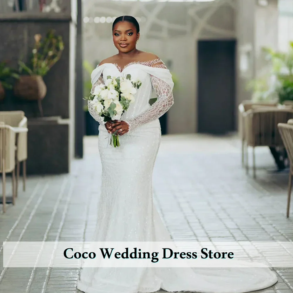 맞춤형 우아한 레이스 웨딩 드레스 긴 소매 반짝이는 인어형 신부 드레스 여성 드레스 웨딩 드레스