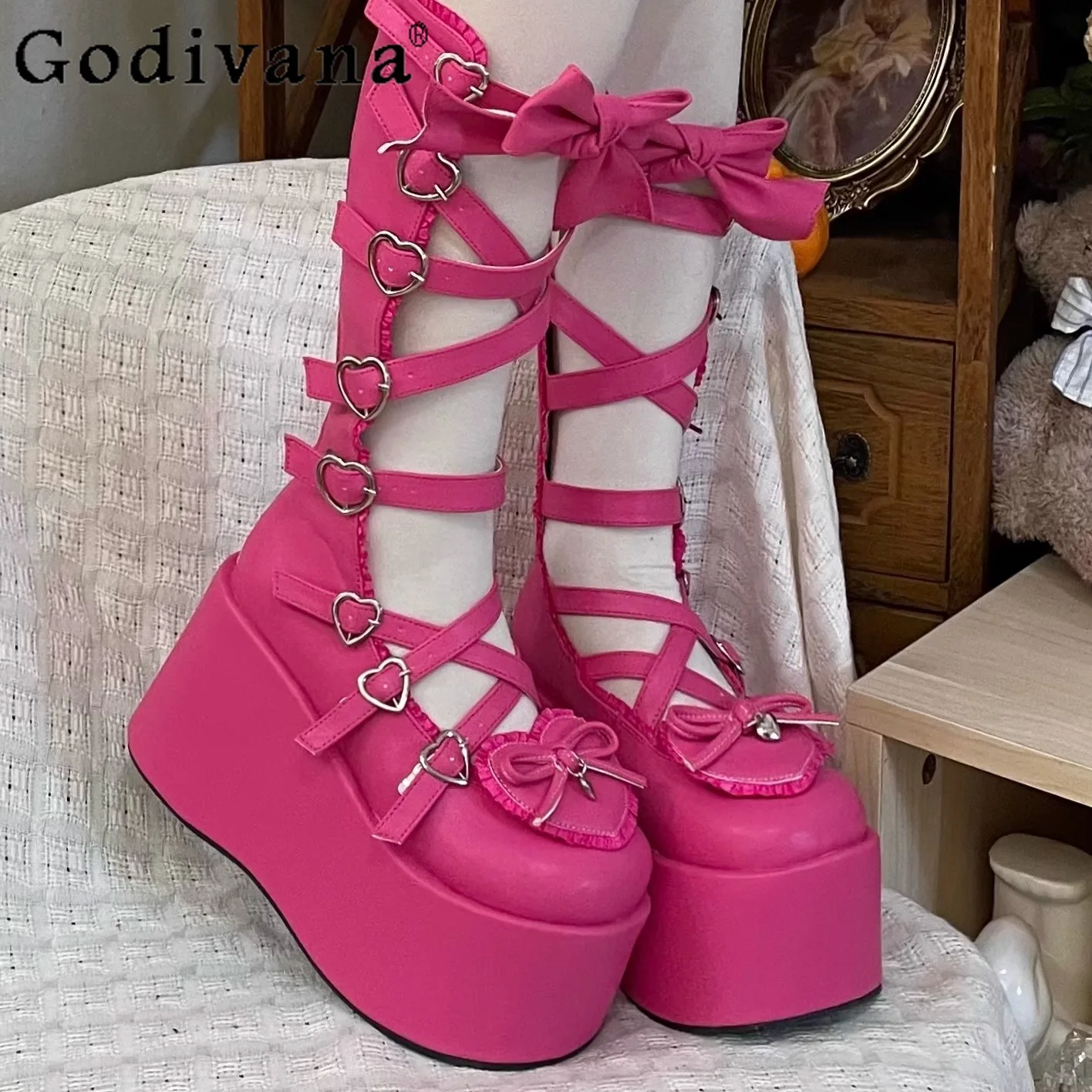 

Original Lolita Pink Platform Strap Boots Women's Subculture Y2k Bow Waterproof High Heels Ladies Wedges Shoes Spring and Summer