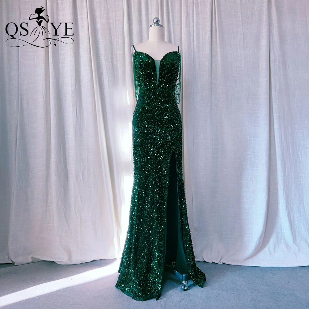 

Beaded Straps Sequined Green Prom Dresses Glitter Spaghetti Straps Sweet V Party Gown with Slit Women Evening Dress Backless