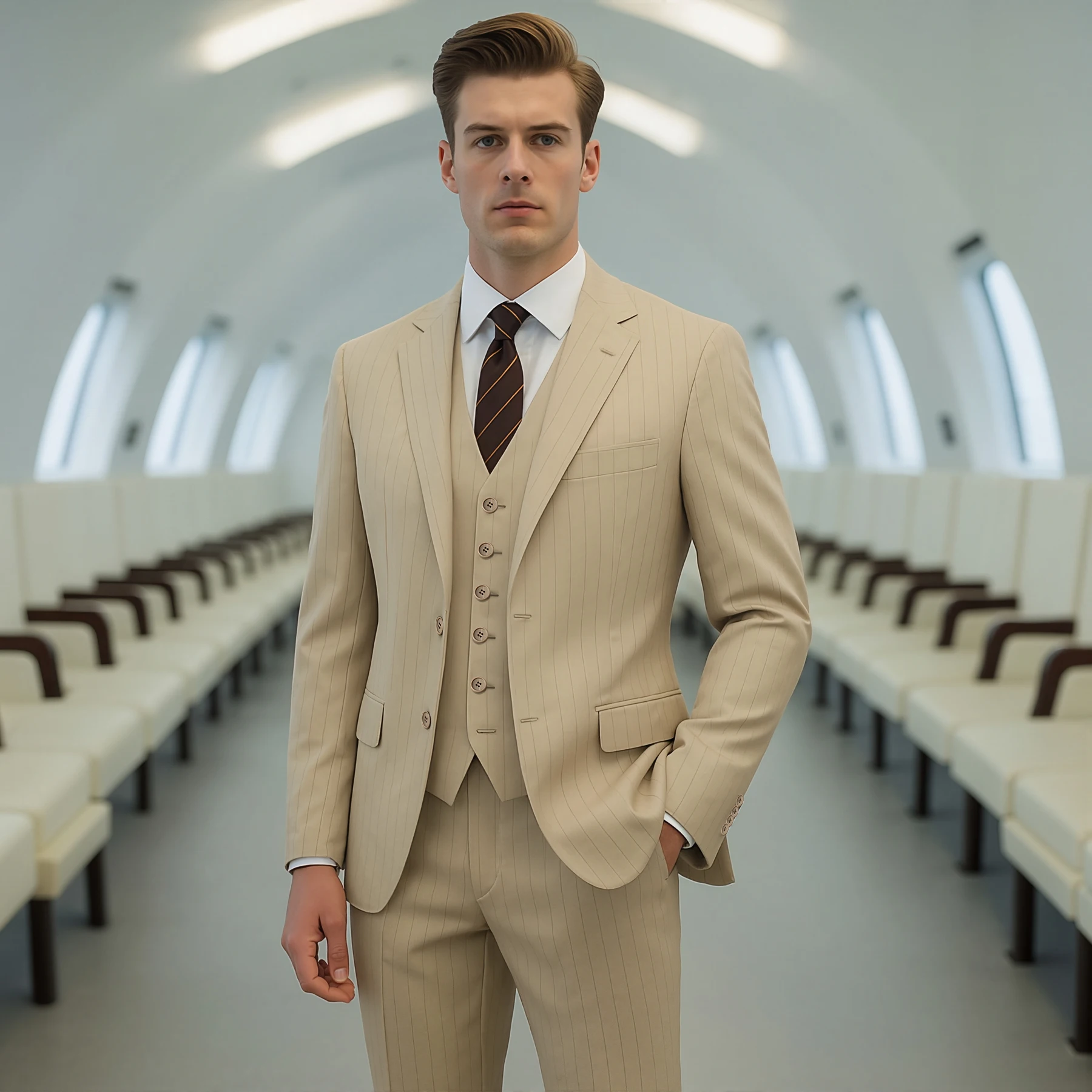 

Мужской розовый костюм из 4 предметов в вертикальную полоску — куртка на двойных пуговицах + жилет + брюки + галстук, подходит для свадьбы/деловой/днего ношения