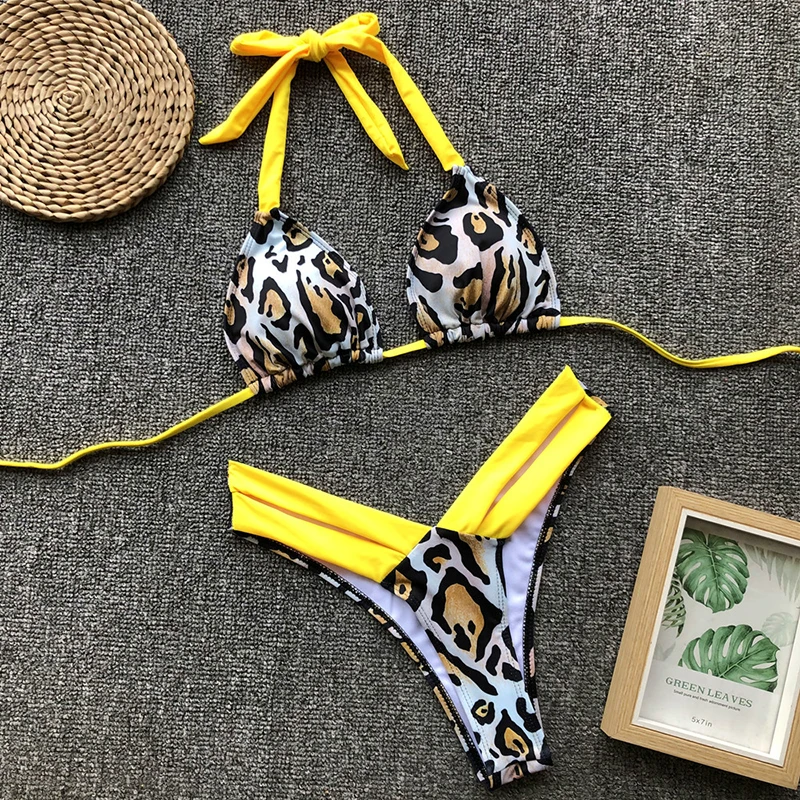 Free Shipping Women 2024 Sexy Bikini Set Leopard Print Swimwear Female Beach Outfits 2 Piece Thong Swimsuit String Micro Push U