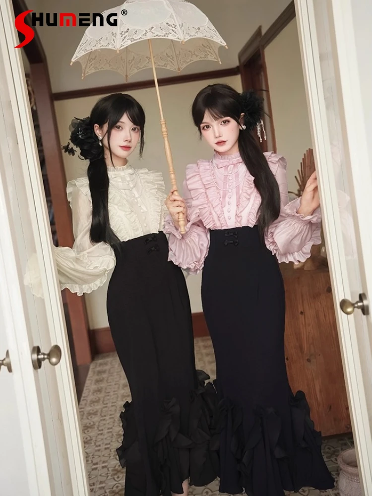 

French Elegant Sweet Mermaid Dress Summer Girl's Woman's Slim Fit Retro Fake Two-Piece Patchwork Long Sleeve Lolita Dress Op