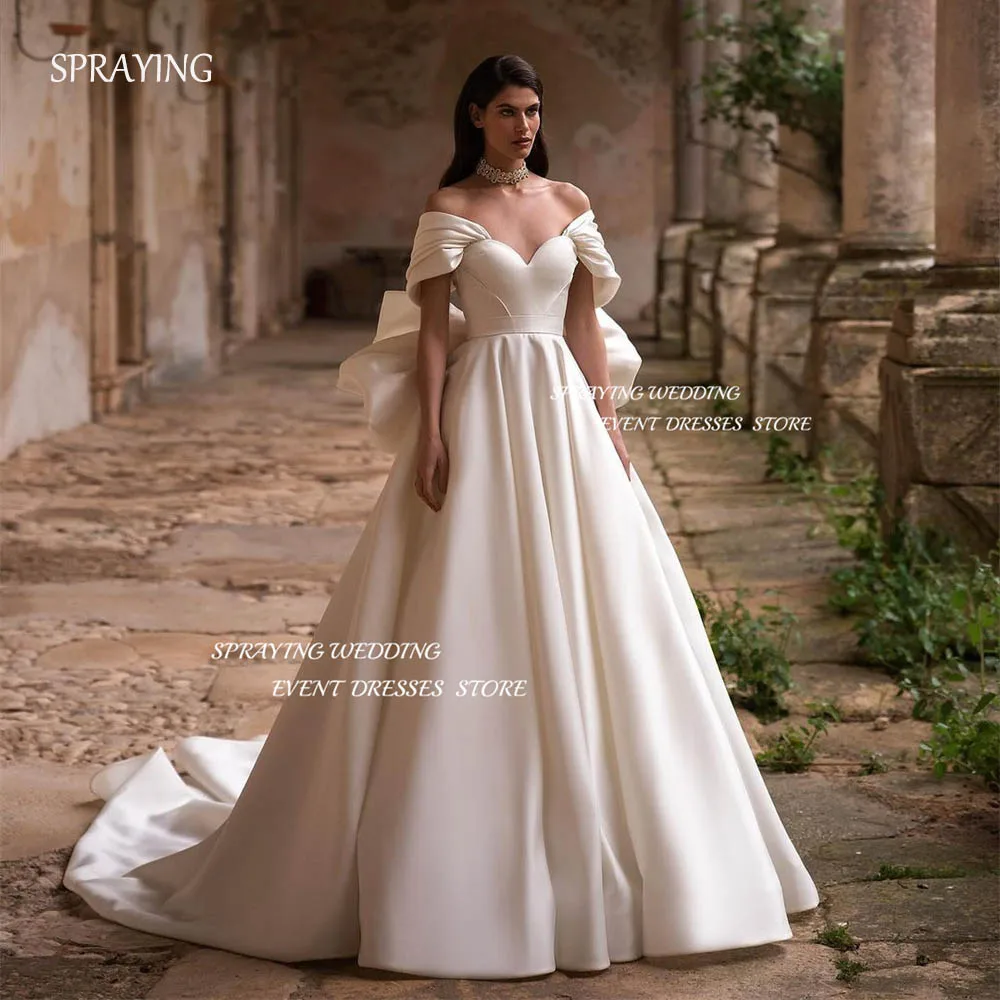 SPRAYING Luxury Sweetheart Satin Wedding Dress Photo Shoot A Line Long Sweep Bridal Gown Back Big Bow Robe De Mariée Custom Made