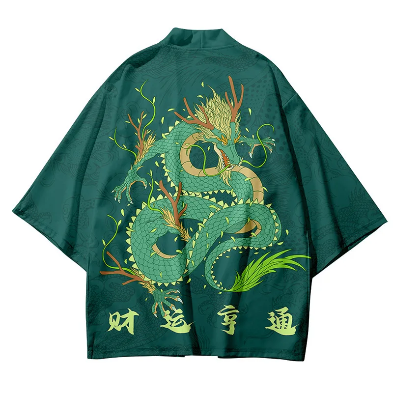 Japanese Fashion Cartoon Dragon Print Kimono Casual Beach Cardigan Tops Women Men Cosplay Haori Asian Clothing Plus Size