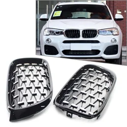 2Pcs Car Mesh Grills For BMW X3 F25 /X4 F26 2014 2015 2016 2017 Diamond Meteor Latest Style Front Kidney Grille ABS Plastic