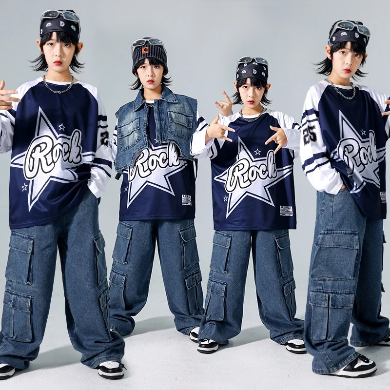 Street Dance Costume Boys Denim Hip Hop Pants Children Jazz Dance Wear Oversize Tops Cool Stage Suit Dancer Team Clothes AMY1325