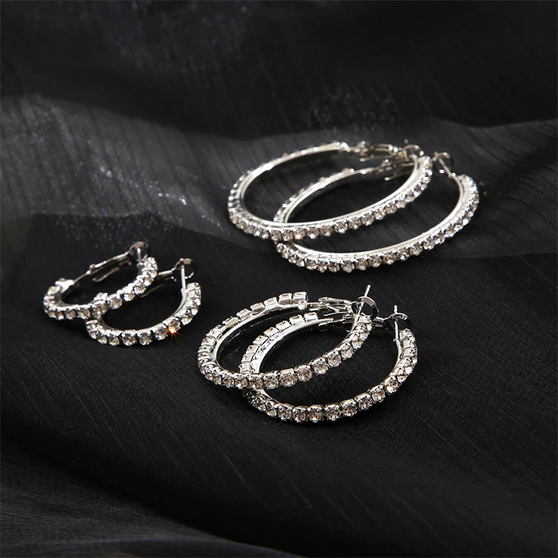 3 Pairs Full Shiny Rhinestone Hoop Earrings For Women Gold Color Sparkling Exaggerated Circle Earring Simple Luxury Jewelry Gift