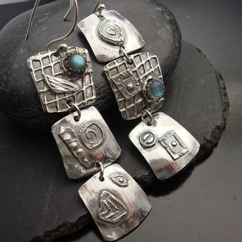 Boho Primitive Abstract Texture Silver Earrings Multi Layer Square Tag Labradorite Drop  Retro Tribal Handcrafted Jewelry NEW