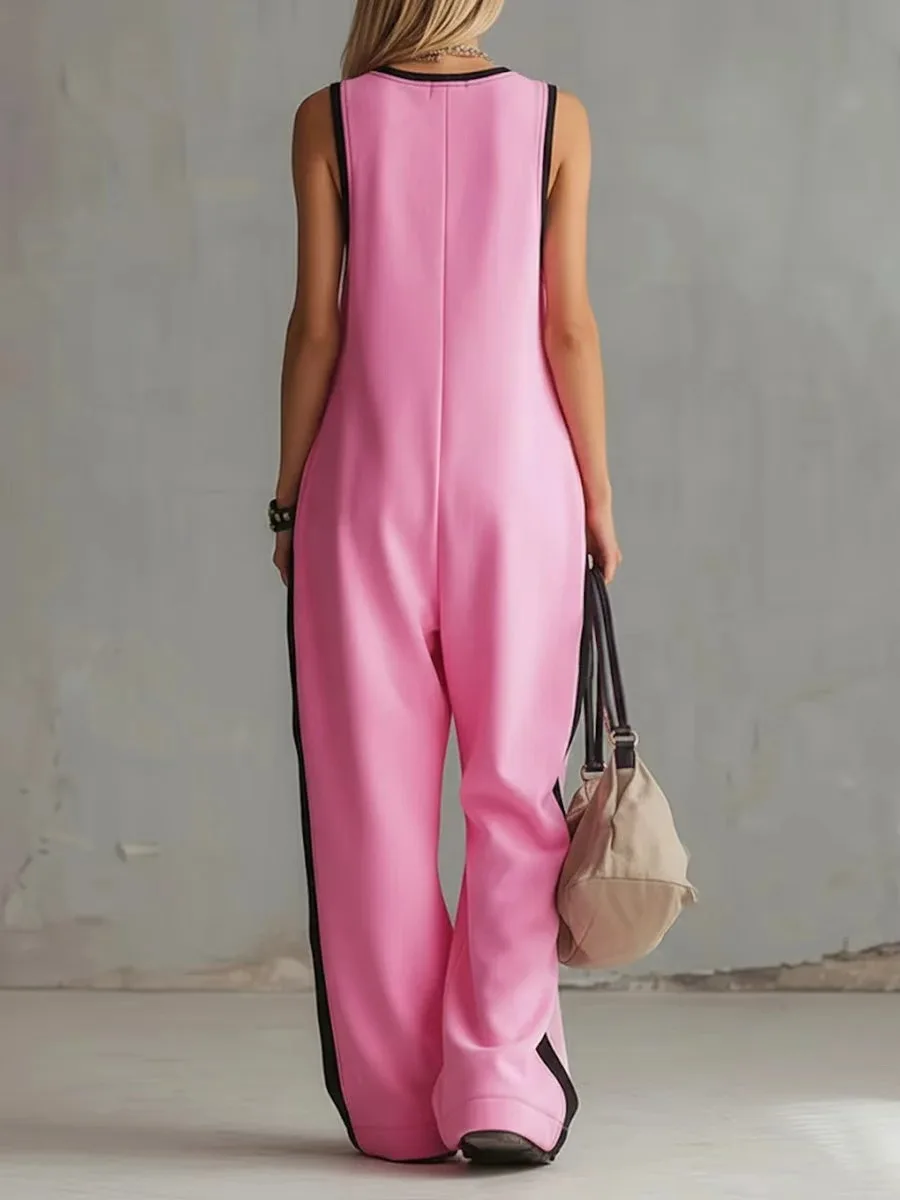 Casual O Neck Wide Leg Jumpsuit Women Summer Zipper Sleeveless Vintage Elegant Color Blocking Loose Pants Jumpusits Woman Romper