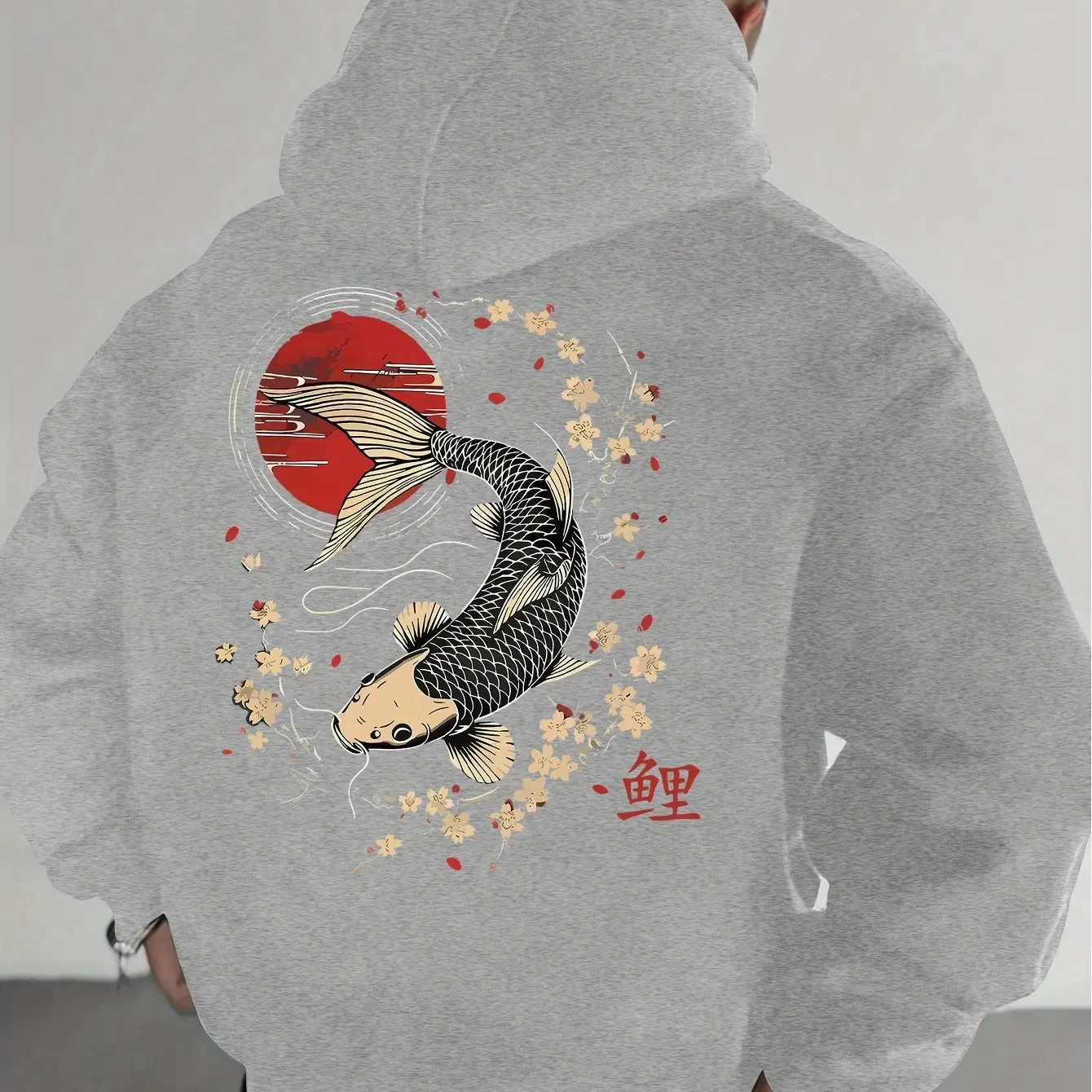 Men's Pullover Hoodie with Japanese Koi, Cherry Blossom and Chinese Character (koi) Design, Loose-fitting Casual Sweatshirt.