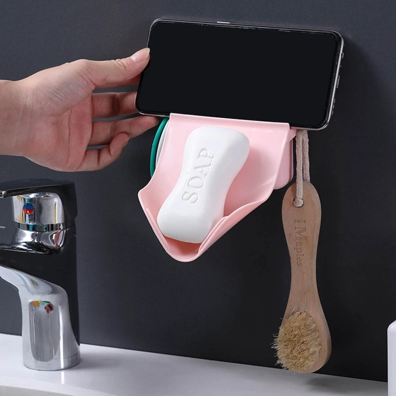 C63E 壁掛け吸盤石鹸収納ボックス排水ホルダーフックラック付き家庭寮寝室電話ホルダー化粧