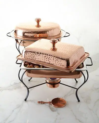 Heavy-duty copper chafing dish set with fuel holder and decorative lid for hotel buffet and luxury catering events