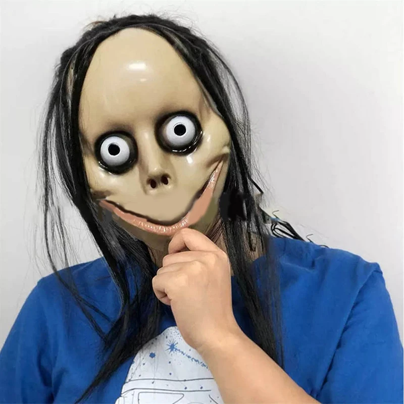 New Halloween Horror With Long Hair Mask Funny Mask V-shaped Mouth Mask With Hair Female Ghost Mask Roleplay MoMo Mask 17*24cm