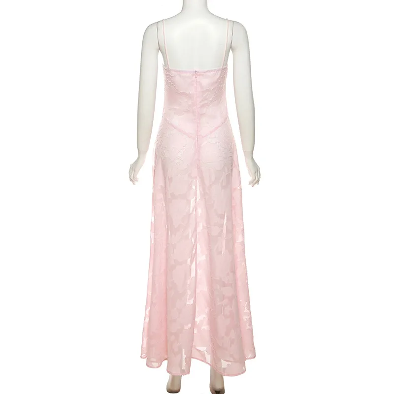 YUZHEXI-maxivestido rosa de encaje transparente con parche de flores para mujer, vestido largo transparente sexy para fiesta con tirantes finos