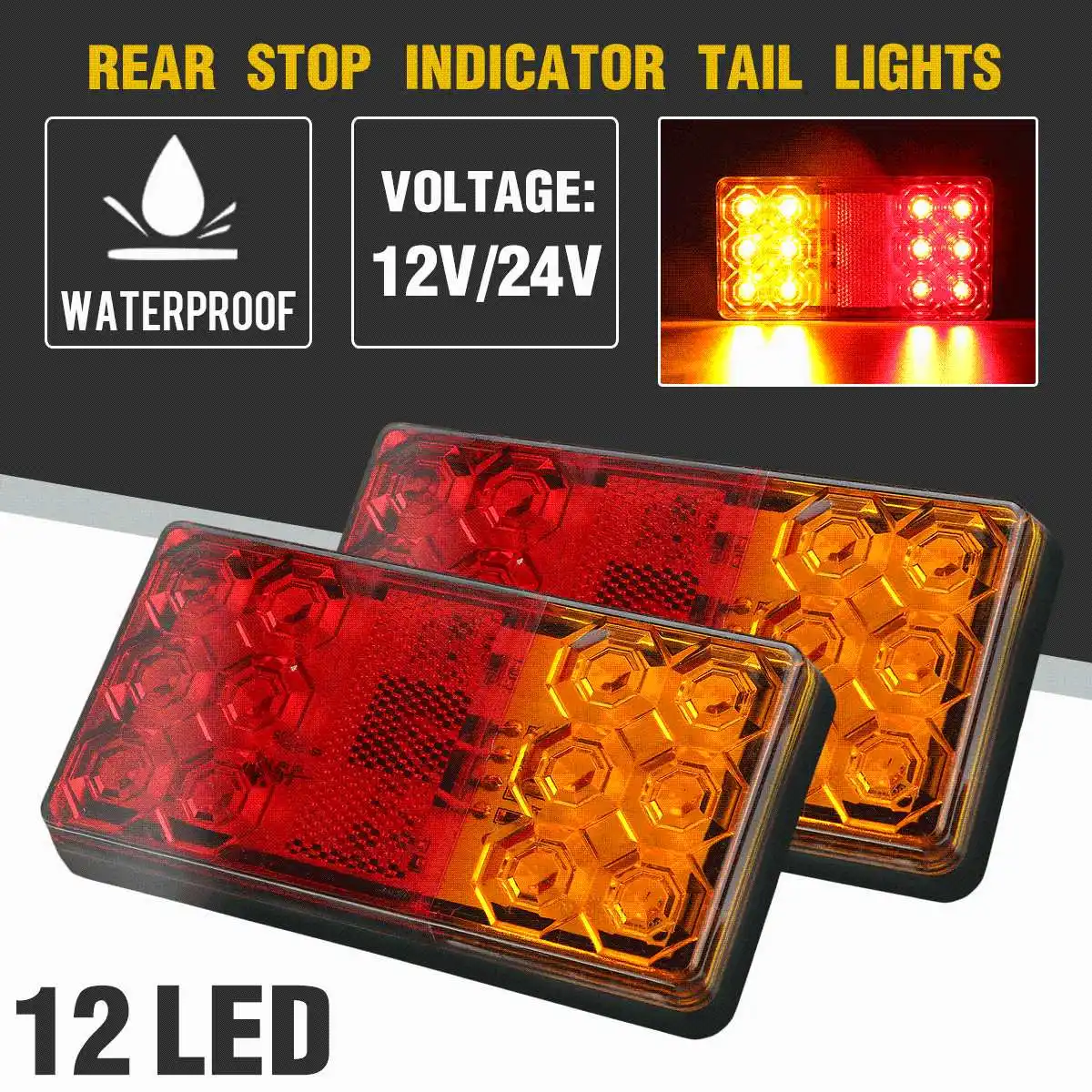 2pcs 12V 24V 12 LED Car Truck Tail Light Taillight Rear Stop Brake Light Indicator Signal Lamp Boat Trailer Caravan Van Lorry