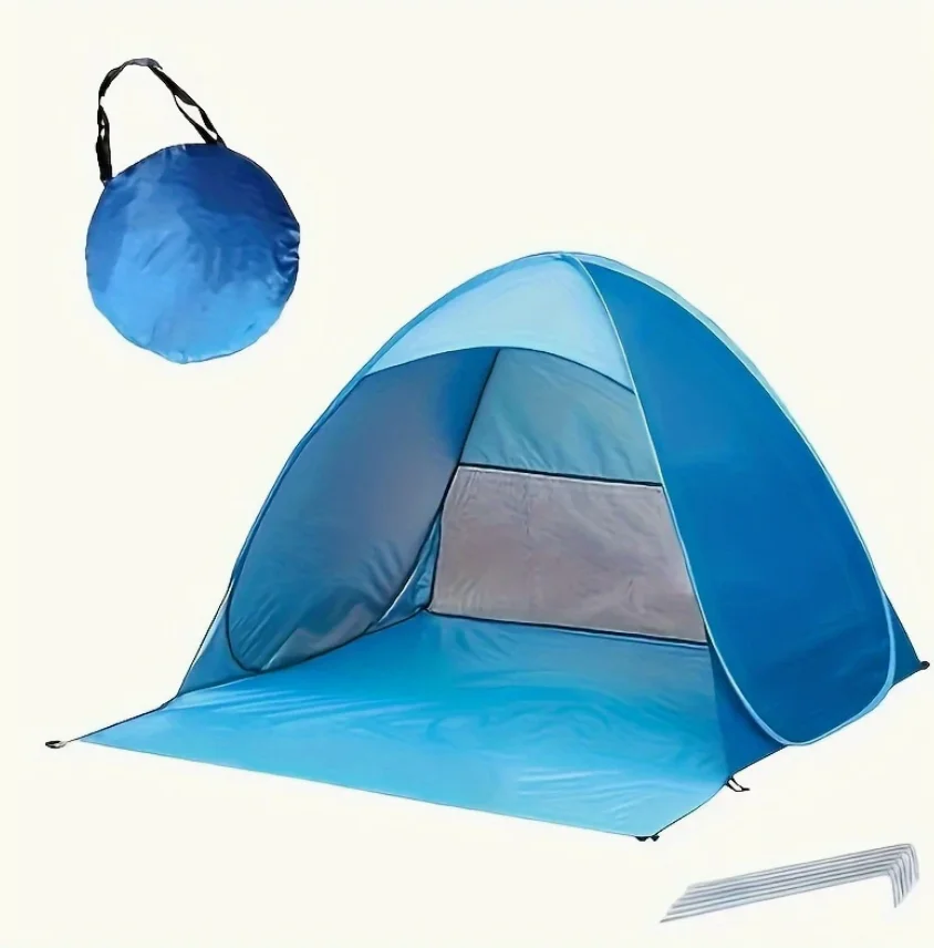 خيمة شاطئ مدمجة ومتينة مع 50+ حماية من أشعة الشمس بعامل حماية من أشعة الشمس فوق البنفسجية، مأوى محمول لجميع المواسم للاستخدام في الهواء الطلق، حمام سباحة، أزرق.