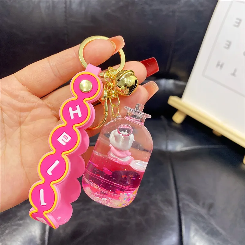 Cute Animal Yeah Gesture Rabbit Warm Pot Floating Bottle Key Chain Cartoon Liquid Pearl Sakura Sequins Quicksand Keyring Pendant