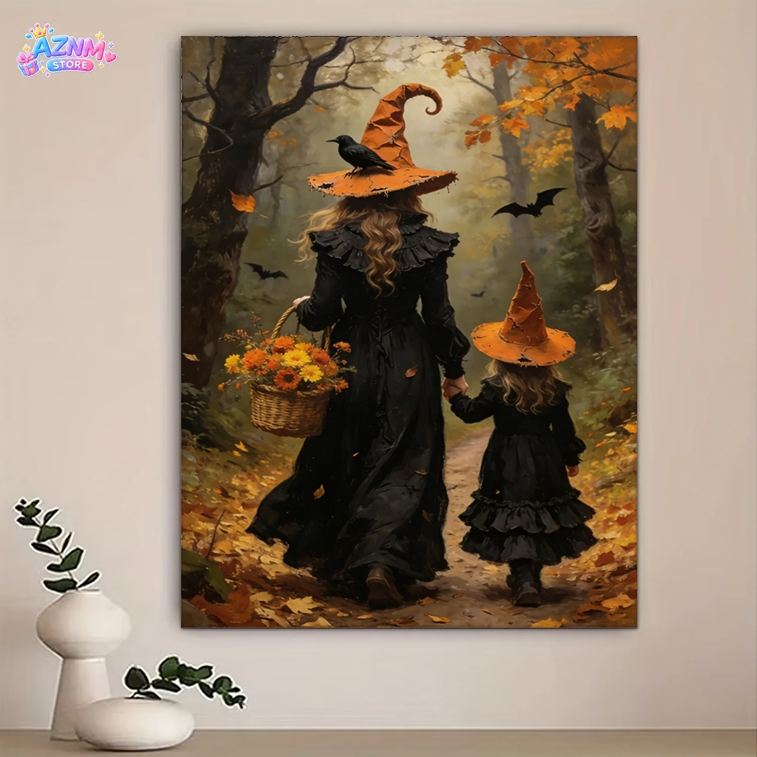 1pc Retro Style Witch Mother And Daughter Frameless Canvas Painting, Autumn Forest And Bat Print Pattern, 2D Flat Art, Non-W