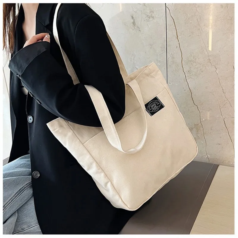 Women Canvas Tote Bag Solid Color Designer Ladies Casual Handbag Shoulder Bag Large Capacity Cotton Reusable Shopping Beach Bag