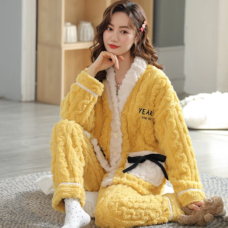 Korean Fashion Winter Coral Fleece Nightwear for Women V Neck Kimono Sleepwear 2Pcs/set Pajamas Young Girl Loungewear Mujer image 6