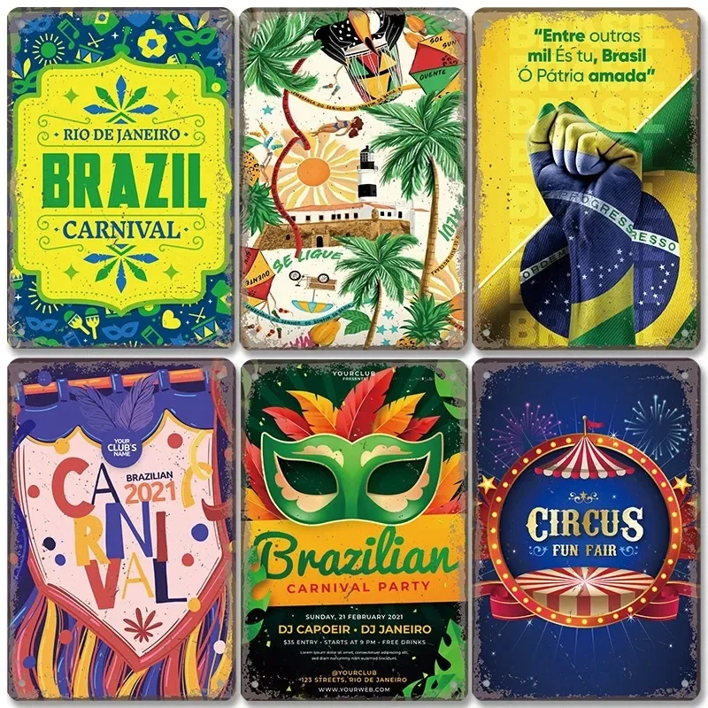 Vintage Brazil Travel Poster Country Flag Metal Tin Signs Retro Carnival Party Metal Plate For Club Home Bar Cafe ART Wall Decor