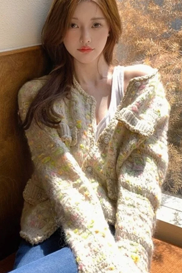 

Свитера Джемперы Кардиганы Женские японские школьные синельные вязаные ребристые края Тонкие клетчатые кисточки для встреч Минималистичные базовые Ins