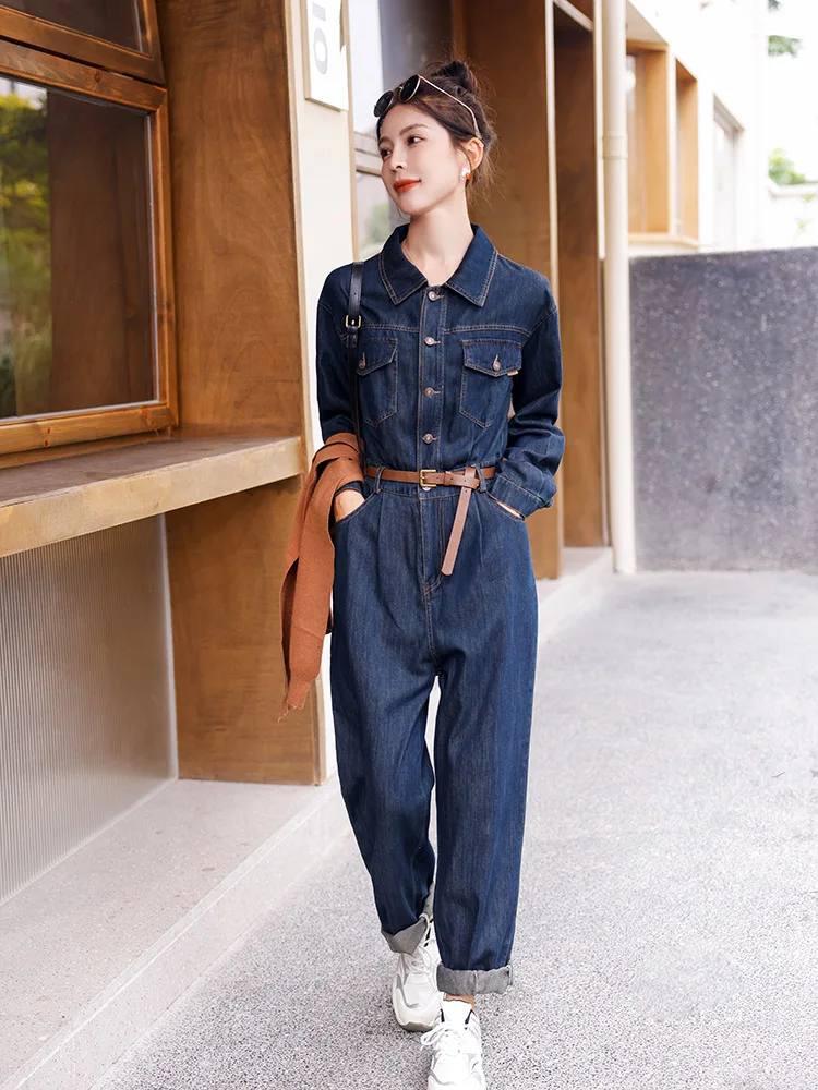 Unique Personali Denim Jumpsuit Women's Faionable Age-Defng High-Waist Straight-Leg Single-Piece Clothing